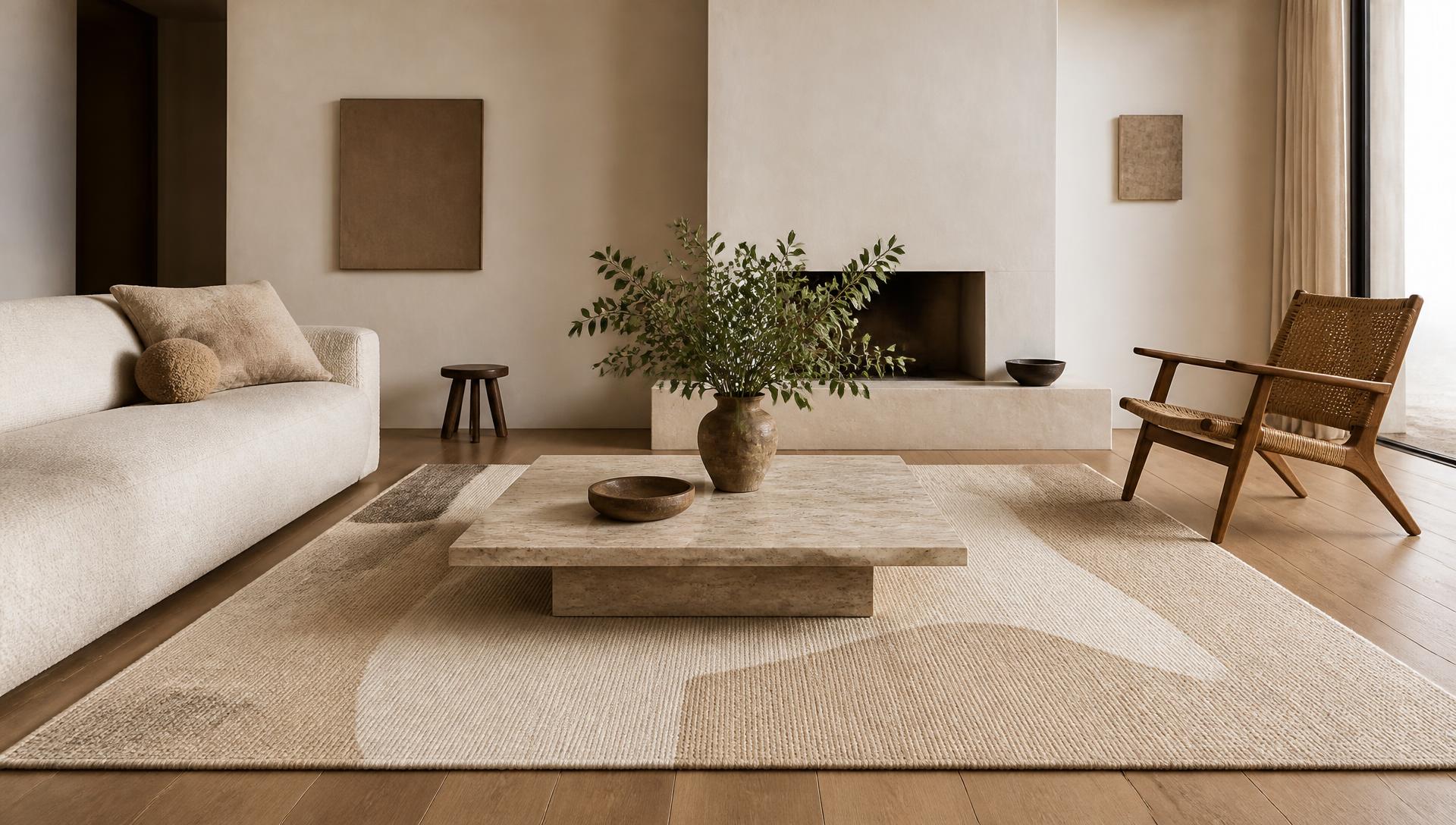 Neutral living room with a large handwoven rug