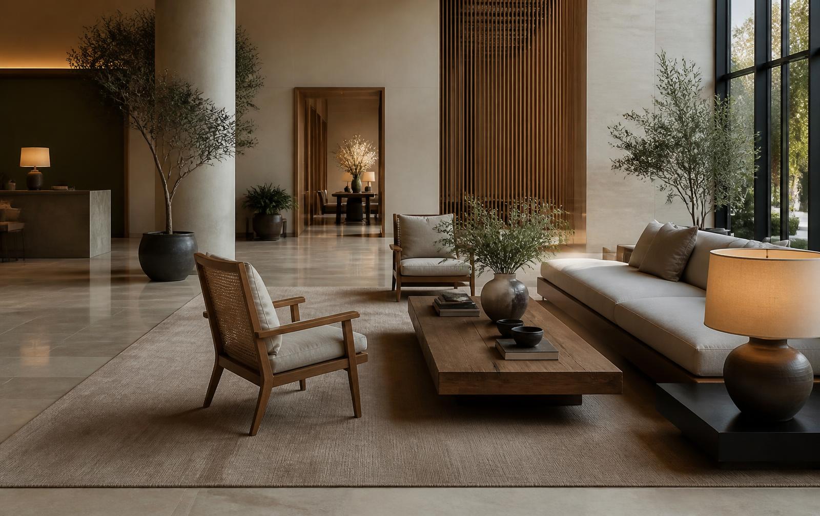 Hotel lobby seating with a large neutral rug